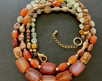 Carnelian Turquoise Jade Necklace: Two-Strand Boho Gemstone