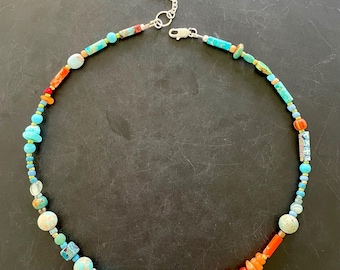 Blue Exotic Mixed Bead Necklace with Colorful Gemstone with Glass Trade Beads – Boho Hippie Style