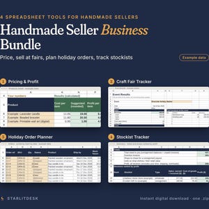 May include: A digital business bundle for handmade sellers featuring four spreadsheet tools: Pricing & Profit, Craft Fair Tracker, Holiday Order Planner, and Stockist Tracker. The dark blue graphic displays example data tables for each tool.