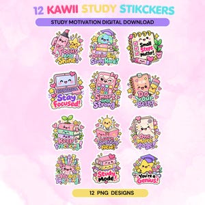 Kawaii Study Motivation Stickers, 12 PNG Designs, Printable Study Planner Stickers, Digital Download