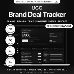 May include: A digital UGC Brand Deal Tracker displayed on a laptop screen. The interface features sections for brands, pitches, deals, payments, rates, and reports. It includes a dashboard showing earnings of £300, outstanding payments, and a deal pipeline.