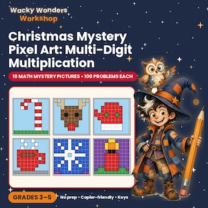 May include: A digital educational resource titled Wacky Wonders Workshop Christmas Mystery Pixel Art: Multi-Digit Multiplication. It features six pixel art grids showing a candy cane, reindeer, mitten, mug, snowflake, and candle, with a wizard holding a pencil.