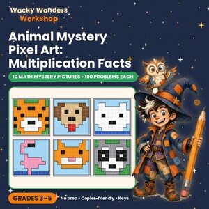 Może przedstawiać: Zasób edukacyjny zatytułowany Wacky Wonders Workshop Animal Mystery Pixel Art: Multiplication Facts. Zawiera 10 matematycznych obrazków z zagadkami, po 100 zadań każdy, dla klas 3-5. Czarodziej trzyma ołówek.