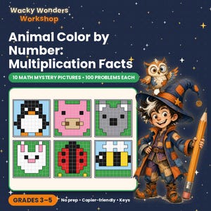 May include: A digital educational resource titled Wacky Wonders Workshop Animal Color by Number: Multiplication Facts. It features 10 math mystery pictures, 6 pixel-art animal grids, and a wizard character holding a large yellow pencil.