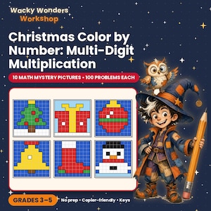 Pode incluir: Um recurso educativo digital intitulado Wacky Wonders Workshop Christmas Color by Number: Multi-Digit Multiplication. Inclui 10 imagens matemáticas misteriosas, 100 problemas cada, para os graus 3-5, com um personagem mago segurando um lápis.
