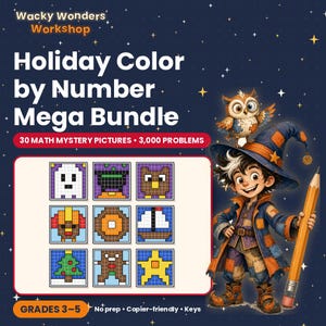 Może przedstawiać: Cyfrowa pomoc edukacyjna zatytułowana Wacky Wonders Workshop Holiday Color by Number Mega Bundle, zawierająca 30 matematycznych obrazków-zagadek i 3000 zadań dla klas 3-5. Przedstawia dziewięć siatek pixel-art oraz czarodzieja z ołówkiem.