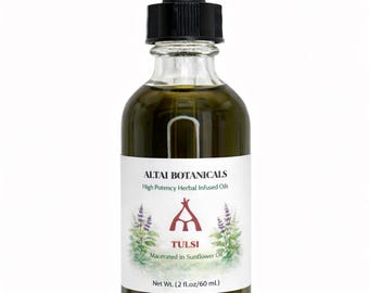 Tulsi/heilige basilicum doordrenkte kruidenolie | Met kruiden doordrenkte botanische massageolie | Natuurlijke huidverzorgings-, lichaams- en wellnessolie: zeer krachtig