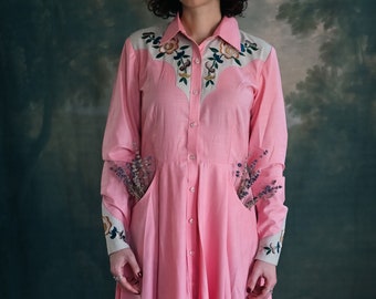 Vintage Western Dress in Pink - Long Sleeve Cotton Dress - Vintage Dresses for Women - Retro Dresses - Plaid Dresses for Women