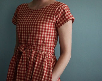 Dress, Vintage Dress, Retro Dress, Long Dress, 1950's Dress, Short Sleeve dress, full dress, summer dresses women, red check dress, 1960's