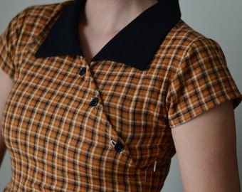 Where or When Dress-  1930s Short Sleeve Dress - 1930s House Dress - Casual Cotton Dress - Plaid- Vintage  Dress - Vintage Dresses For Women