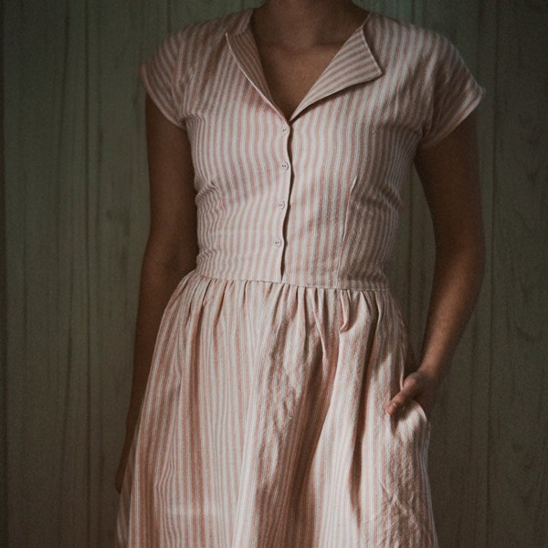 Supermarket Dress - 1950s Casual Dress - Retro Dress - Pink Vintage Dress - Striped Dress - Midi Cotton dress - summer dresses for women