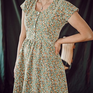 Dress, Golden Floral, vintage dress, long dress, short sleeve, summer dresses for women, 1950's dress, retro dress, 1990's, a-line, image 1