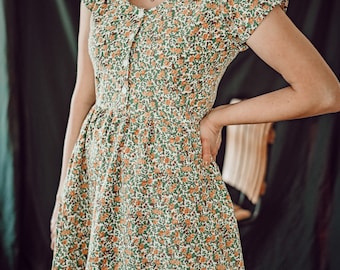 Dress, Golden Floral, vintage dress, long dress, short sleeve, summer dresses for women, 1950's dress, retro dress, 1990's, a-line,