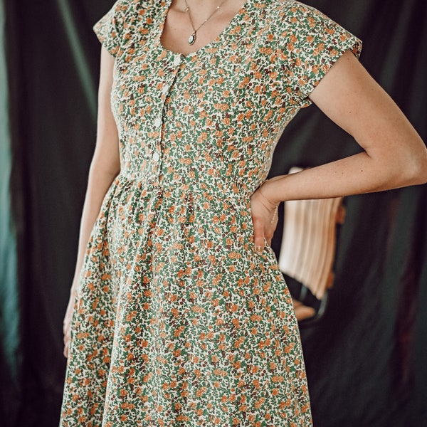 Dress, Golden Floral, vintage dress, long dress, short sleeve, summer dresses for women, 1950's dress, retro dress, 1990's, a-line,