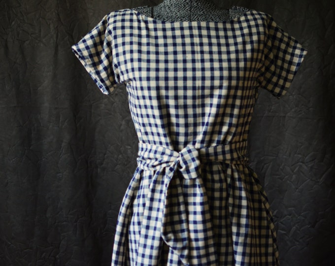 Dress Blue and White Checked Dress/ 1950s Dresses for Women/ Vintage Casual Dress/ Long Cute