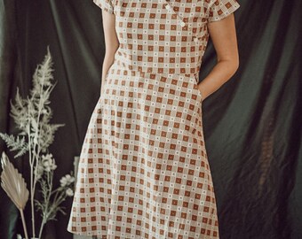 Where or When Dress-  1930s Short Sleeve Dress - 1930s House Dress - Casual Cotton Dress - Plaid- Vintage  Dress - Vintage Dresses For Women