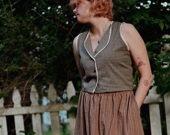 Handmade Vintage Vest Top | Cottagecore Waistcoat | Brown Plaid Sleeveless Button Vest | Retro Cotton Top