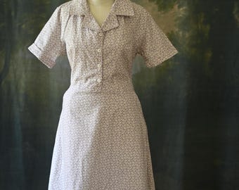 Retro Lavender Calico Cotton Dress, Short Sleeve Midi, Vintage Floral Style