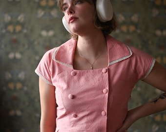 1930s Inspired Pink Cotton Dress - Vintage Style Short Sleeve
