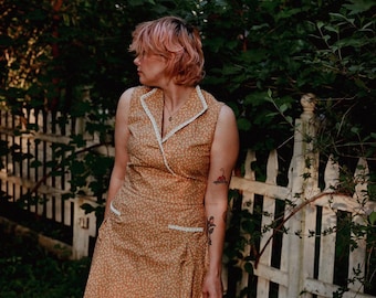 Mustard Floral Prairie Dress | Vintage Inspired Cottagecore Dress | Handmade Cotton Midi Dress | Retro 70s Style Dress