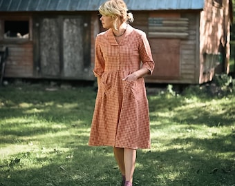 De kunstenaar // Jurk met Peter Pan-kraag, zomerjurken voor dames, rode jurk, smockjurk, linnen jurk met lange mouwen, linnen katoenen jurk, jurk uit de jaren 30
