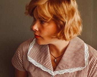 Brown Gingham Cotton Dress, Retro Collar, Short Sleeve, 1930s Style