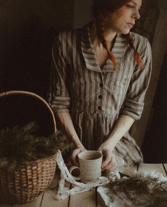 The Artist 1930s- Peter Pan Collar Dress - Long Sleeve Cotton Dress - Vintage Dresses for Women - Ethical Fashion - Cotton Dresses For Women