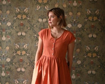 Dress, Orange Stripe, vintage dress, long dress, short sleeve, fall dresses for women, 1950's dress, retro dress, 1990's, a-line,