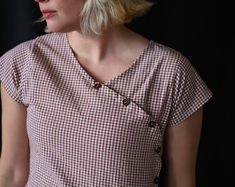 1930s Checkered Cotton Dress - Brown & White Vintage Style