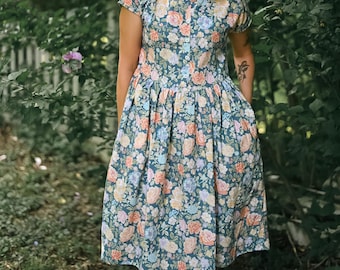 Blue Floral Cotton Dress | Vintage-Inspired Button Front Midi Skirt