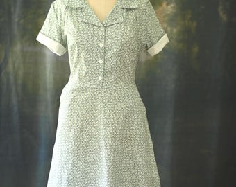 Retro Blue Calico Cotton Dress, Short Sleeve Midi, Vintage Floral Style