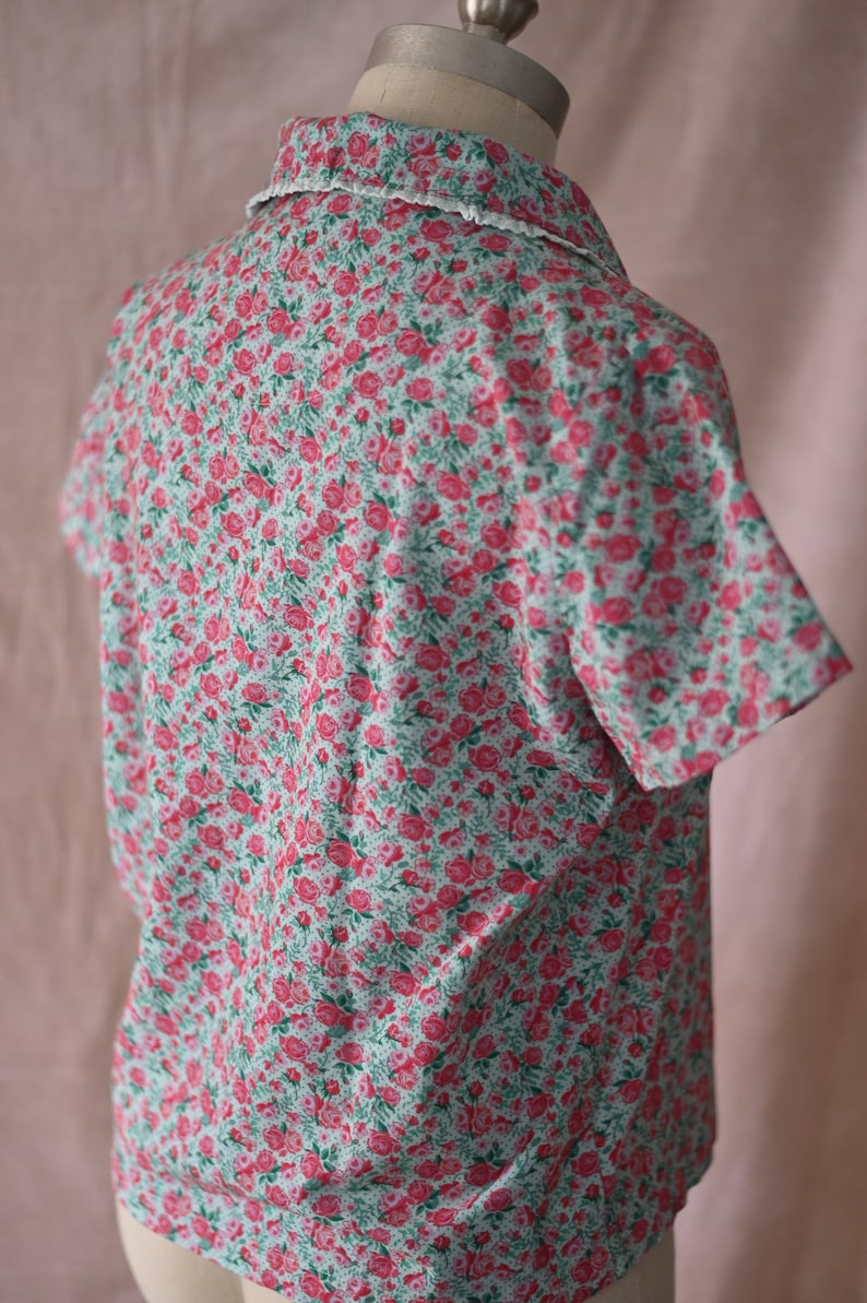 Retro 1940s Blouse Teal / womens floral blouse / womens cotton blouse / calico blouse / short sleeved blouse / summer top image 7