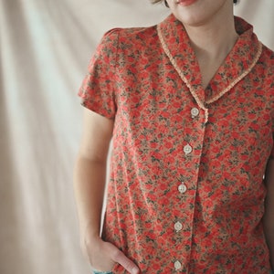 1940s Blouses, Tops, Shirts, Knitwear     Retro 1940’s Blouse TeaStain / women’s floral blouse / women’s cotton blouse / calico blouse / short sleeved blouse / summer top  AT vintagedancer.com