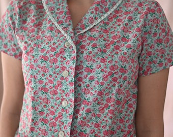 Retro 1940’s Blouse Teal / women’s floral blouse / women’s cotton blouse / calico blouse / short sleeved blouse / summer top