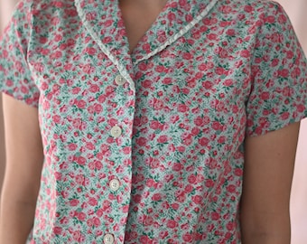 Retro jaren 1940 blouse Teal / dames bloemenblouse / dames katoenen blouse / calico blouse / blouse met korte mouwen / zomertop