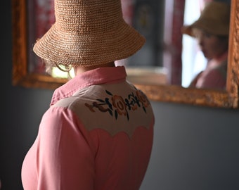 Roze vintage westernjurk - katoenen jurk met lange mouwen - vintage jurken voor dames - retrojurken - geruite jurken voor dames