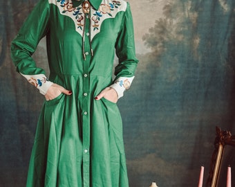 Vintage Western Dress in Green - Long Sleeve Cotton Dress - Vintage Dresses for Women - Retro Dresses - Plaid Dresses for Women