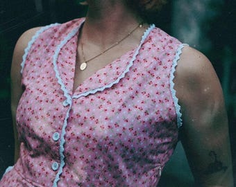 Pink Floral Vintage Dress | Cottagecore Fit & Flare Dress | Retro Prairie Sundress | Handmade by Let's Backtrack