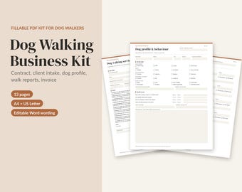 Dog Walker Contract, Dog Walking Business Forms Bundle, Client Intake, Walk Report Card, Invoice, Rate Card, Fillable PDF