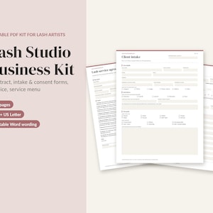 May include: A fillable PDF business kit for lash artists featuring 14 pages of contract, intake, and consent forms, invoices, and a service menu. The text includes Lash Studio Business Kit, 14 pages, A4 + US Letter, and Editable Word wording.