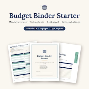 Op de afbeelding: Een invulbare Budget Binder Starter PDF met 14 pagina's. Het document bevat een maandelijks budgetoverzicht, een tracker voor reserveringsfondsen, een schuld aflos tracker en een spaarchallenge. Donkerblauwe tekst op een lichte achtergrond.