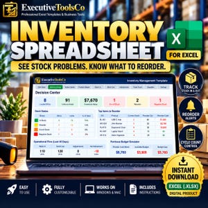 Op de afbeelding: Een voorraadbeheer spreadsheet sjabloon voor Excel door ExecutiveToolsCo. Het scherm toont een Decision Center dashboard met voorraadstatus, te herbestellen artikelen, operationele stroom en een inkoopbudgetsimulator voor zakelijk gebruik.