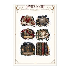 Könnte beinhalten: Ein Aufkleberbogen mit dem Titel DEVIL'S NIGHT DARK & COZY zeigt sechs Illustrationen: vier herzförmige Medaillons mit Namen wie MICHAEL & RIKA, eine dunkle Waldkirche mit der Aufschrift BLACKCHURCH und vier Bücher mit den Titeln CORRUPT, HIDEAWAY, KILL SWITCH und NIGHTFALL.