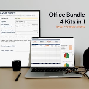 Può includere: Un pacchetto ufficio digitale con quattro kit per Excel e Google Sheets. Un portatile mostra una dashboard finanziaria con grafici, mentre un documento stampato di ordine di modifica riporta campi per azienda, lavoro e prezzo.