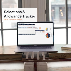 May include: A laptop displaying a Selections & Allowance Tracker dashboard for Excel and Google Sheets. The screen shows financial data tables, pie charts, and summary metrics. A white overlay box in the top left corner reads Selections & Allowance Tracker Excel + Google Sheets.