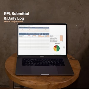 Pode incluir: Uma tela de laptop exibindo um painel de RFI, Submittal and Daily Log para Excel e Google Sheets. A interface apresenta uma tabela de resumo com dados numéricos, uma grade detalhada de acompanhamento de projetos e um gráfico de pizza.