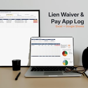 Puede incluir: Una plantilla digital de Lien Waiver & Pay App Log para Excel y Google Sheets mostrada en la pantalla de un portátil y en un marco. La interfaz incluye tablas de datos, resúmenes financieros, gráficos circulares y seguimiento de estados.