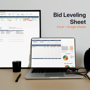 Può includere: Un modello digitale di foglio di livellamento delle offerte per Excel e Google Sheets visualizzato sullo schermo di un portatile e su una stampa incorniciata. L'interfaccia presenta tabelle di dati, riepiloghi finanziari e grafici a torta.