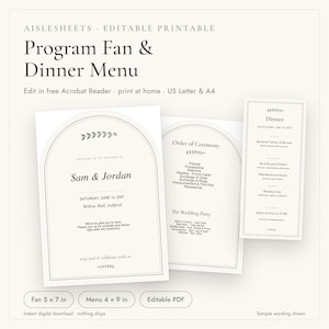 Editable Wedding Program Fan & Dinner Menu, Minimalist Sage Cream (PDF)