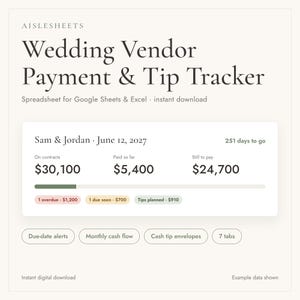 May include: A digital wedding vendor payment and tip tracker spreadsheet for Google Sheets and Excel. The interface displays financial data for Sam and Jordan, including contract totals, paid amounts, remaining balances, and status tags for overdue, due soon, and planned tips.